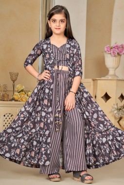 Charcoal Black Heavy Muslin Digital Print Indo Western Suit