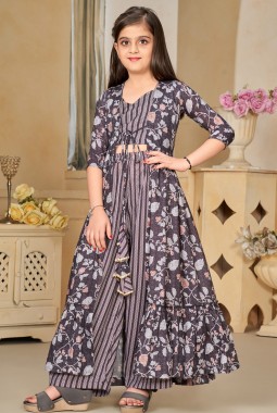 Charcoal Black Heavy Muslin Digital Print Indo Western Suit