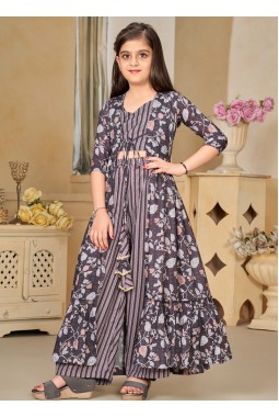 Charcoal Black Heavy Muslin Digital Print Indo Western Suit
