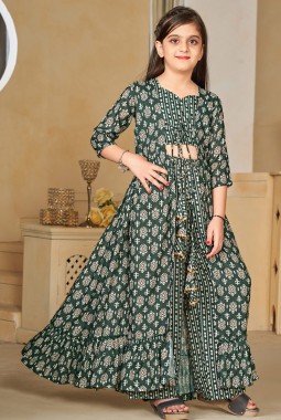 Deep Green Heavy Muslin Digital Print Indo Western Suit