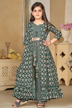 Deep Green Heavy Muslin Digital Print Indo Western Suit