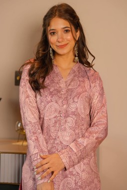 Bright Coral Pure Maslin Digital Print Kurti Pant Set