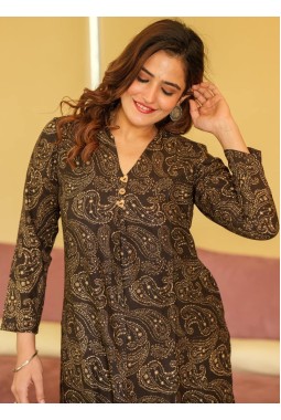 Brown Black Pure Maslin Digital Print Kurti Pant Set