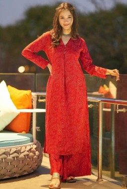 Red Pure Maslin Digital Print Kurti Pant Set