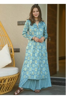 Elecric Blue Pure Maslin Digital Print Kurti Pant Set