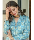 Elecric Blue Pure Maslin Digital Print Kurti Pant Set