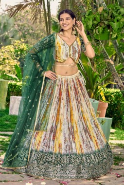 Green Chinon Digital Print Wedding Lehenga Choli