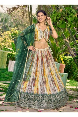 Green Chinon Digital Print Wedding Lehenga Choli