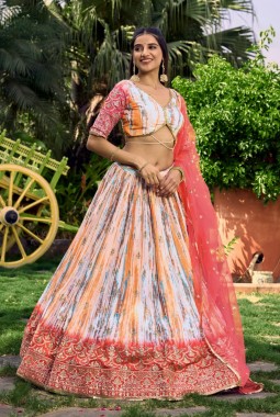 Pink Chinon Digital Print Wedding Lehenga Choli