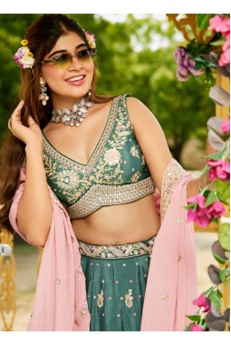 Lime Green Chinnon Sequins Embroidered Wedding Lehenga Choli