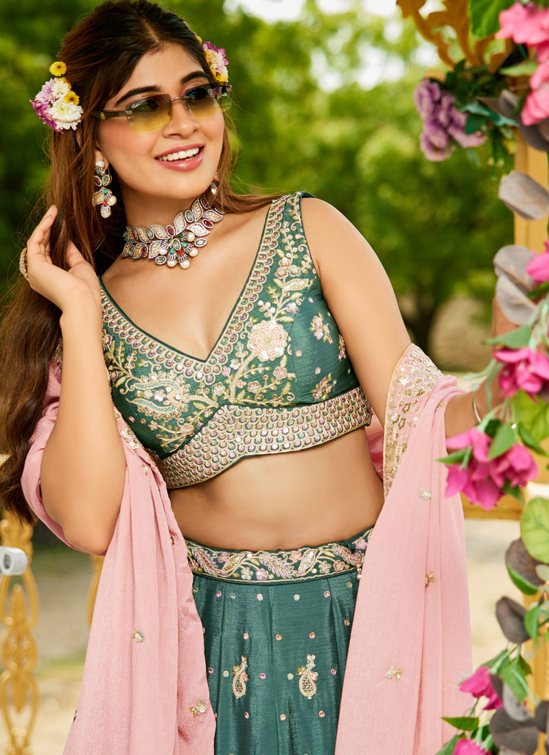 Lime Green Chinnon Sequins Embroidered Wedding Lehenga Choli Lime Green Chinnon Sequins Embroidered Wedding Lehenga Choli