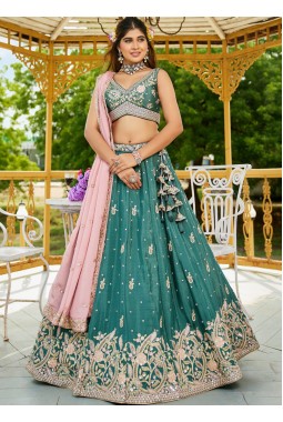 Lime Green Chinnon Sequins Embroidered Wedding Lehenga Choli