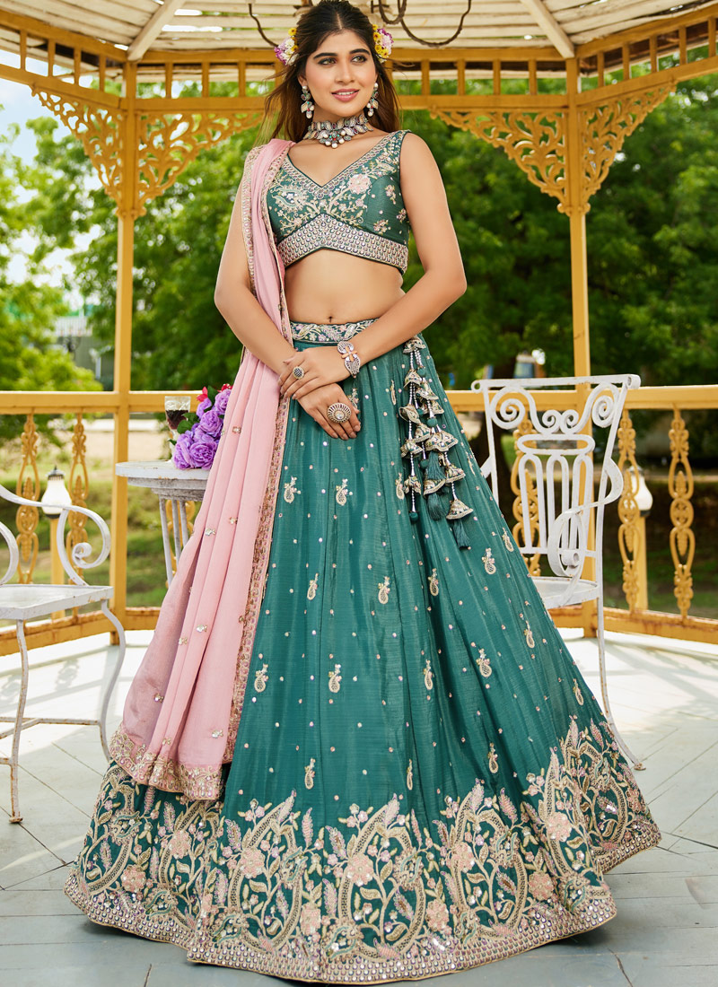 Lime Green Chinnon Sequins Embroidered Wedding Lehenga Choli Lime Green Chinnon Sequins Embroidered Wedding Lehenga Choli