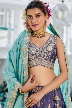 Purple Chinnon Sequins Thread Embroidered Wedding Lehenga Choli