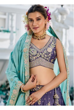 Purple Chinnon Sequins Thread Embroidered Wedding Lehenga Choli