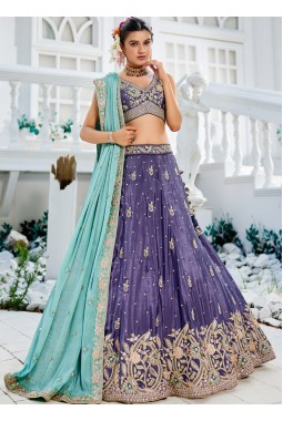 Purple Chinnon Sequins Thread Embroidered Wedding Lehenga Choli