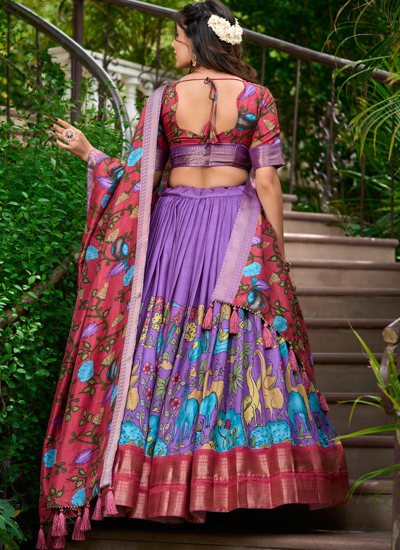 Lavender Silk Kalamkari Print Navratri Lehenga Choli Lavender Silk Kalamkari Print Navratri Lehenga Choli