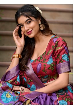 Lavender Silk Kalamkari Print Navratri Lehenga Choli