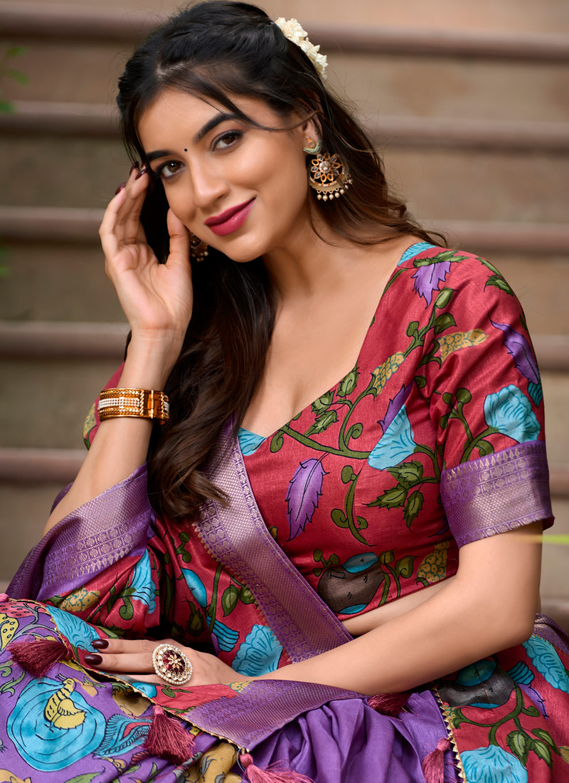 Lavender Silk Kalamkari Print Navratri Lehenga Choli Lavender Silk Kalamkari Print Navratri Lehenga Choli