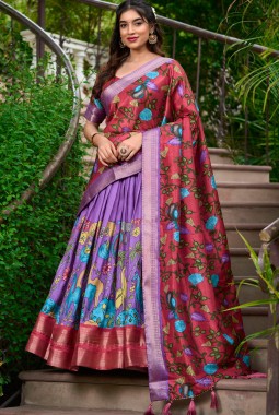 Lavender Silk Kalamkari Print Navratri Lehenga Choli