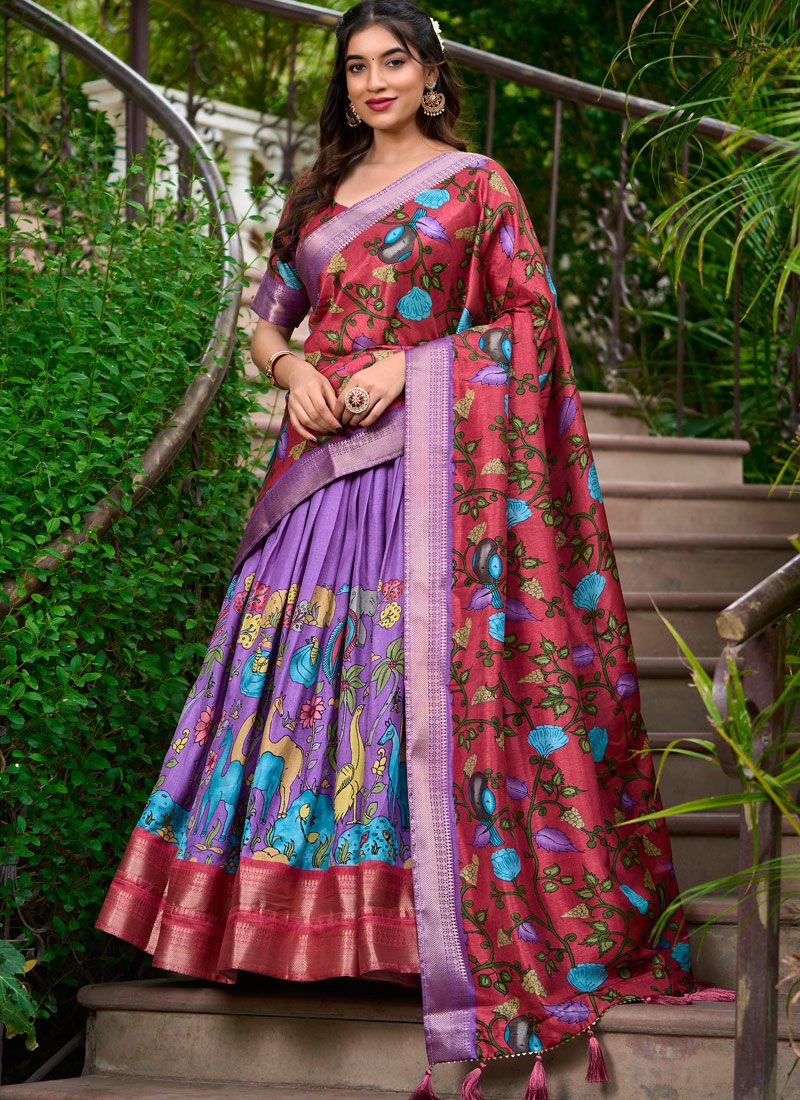 Lavender Silk Kalamkari Print Navratri Lehenga Choli Lavender Silk Kalamkari Print Navratri Lehenga Choli