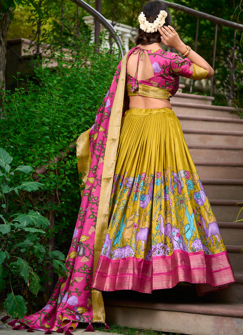 Mustard Silk Kalamkari Print Navratri Lehenga Choli Mustard Silk Kalamkari Print Navratri Lehenga Choli