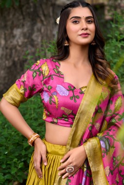 Mustard Silk Kalamkari Print Navratri Lehenga Choli