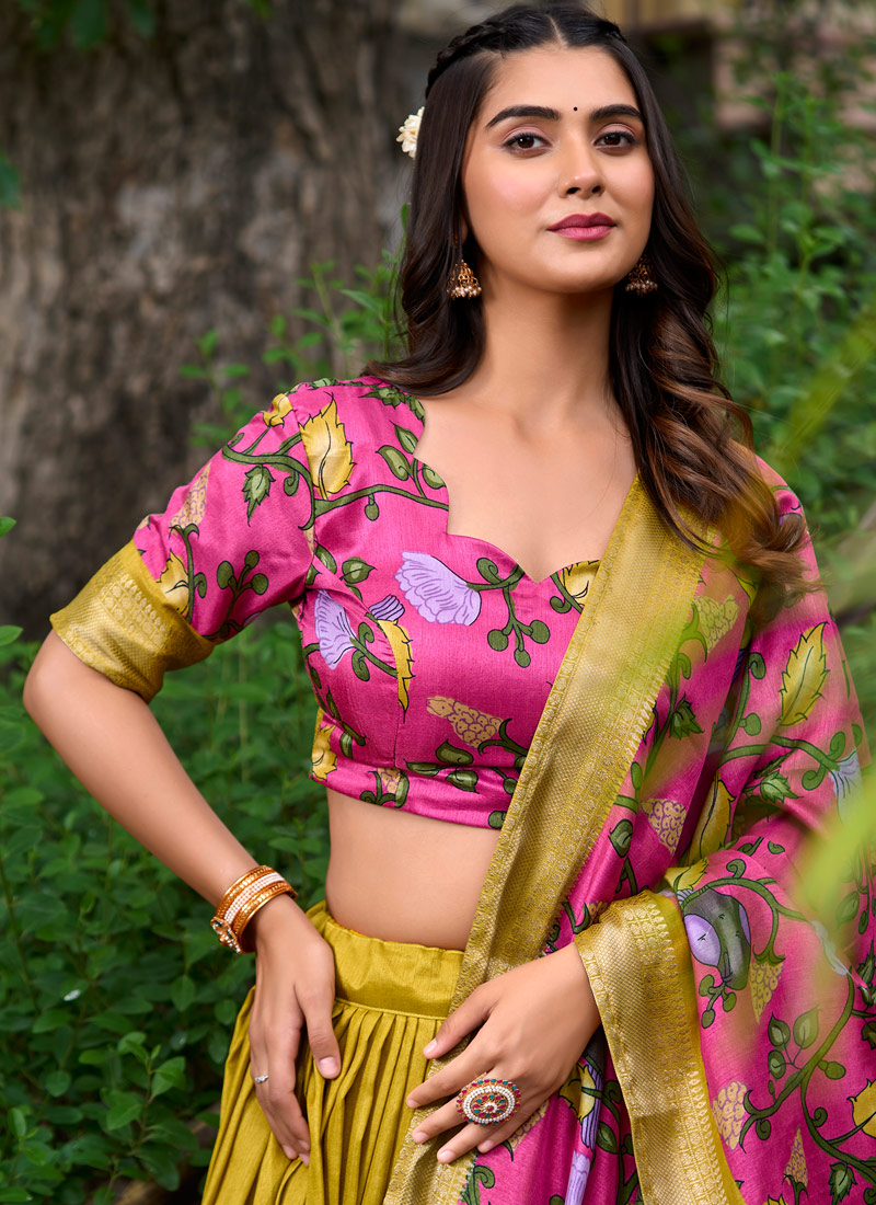 Mustard Silk Kalamkari Print Navratri Lehenga Choli Mustard Silk Kalamkari Print Navratri Lehenga Choli