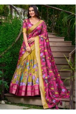 Mustard Silk Kalamkari Print Navratri Lehenga Choli