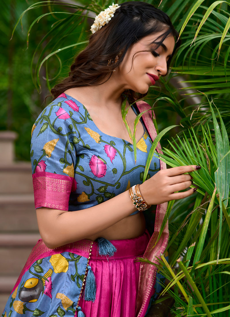 Pink Silk Kalamkari Print Navratri Lehenga Choli Pink Silk Kalamkari Print Navratri Lehenga Choli