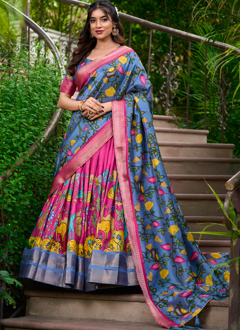 Pink Silk Kalamkari Print Navratri Lehenga Choli Pink Silk Kalamkari Print Navratri Lehenga Choli