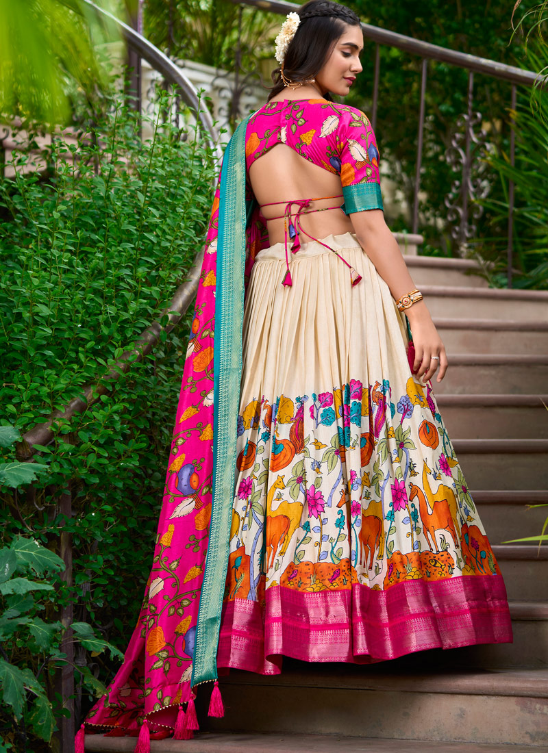 Cream Silk Kalamkari Print Navratri Lehenga Choli Cream Silk Kalamkari Print Navratri Lehenga Choli