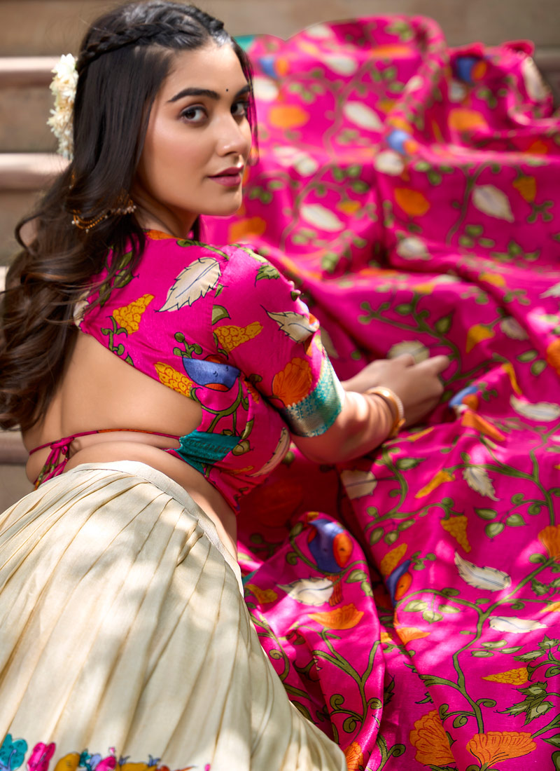 Cream Silk Kalamkari Print Navratri Lehenga Choli Cream Silk Kalamkari Print Navratri Lehenga Choli