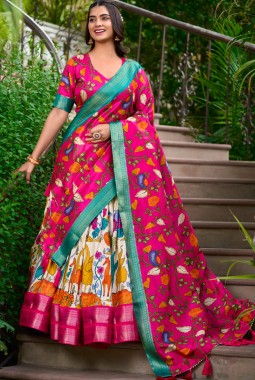 Cream Silk Kalamkari Print Navratri Lehenga Choli