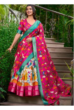 Cream Silk Kalamkari Print Navratri Lehenga Choli