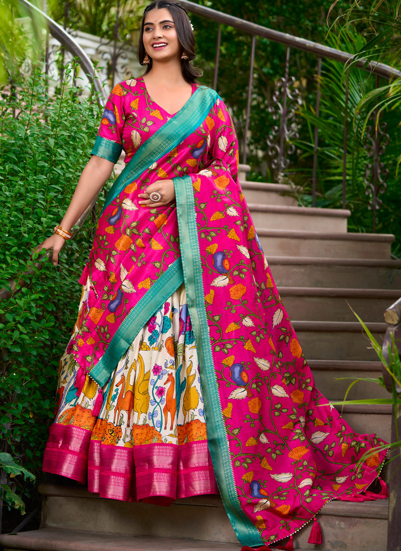 Cream Silk Kalamkari Print Navratri Lehenga Choli Cream Silk Kalamkari Print Navratri Lehenga Choli