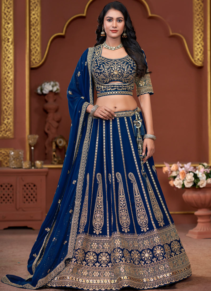 Navy Blue Georgette Embroidered Wedding Lehenga Choli