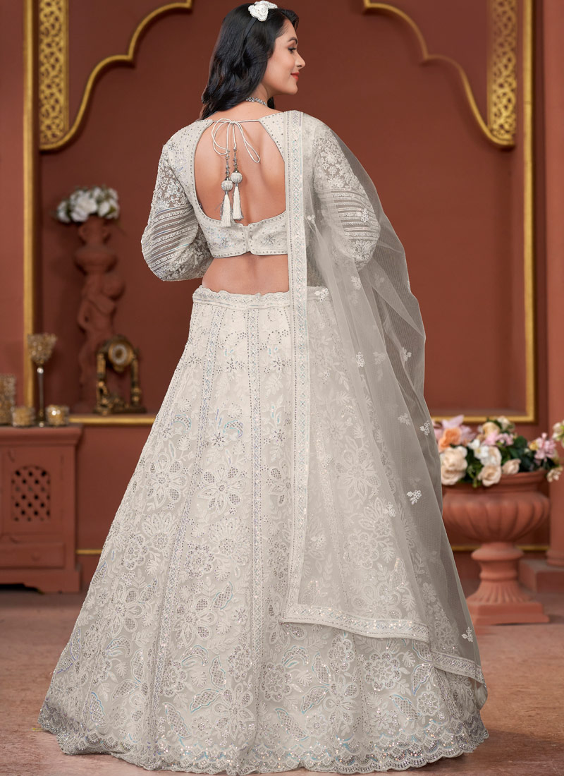 Off White Net Embroidered Wedding Lehenga Choli