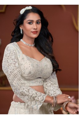 Off White Net Embroidered Wedding Lehenga Choli