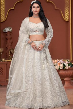 Off White Net Embroidered Wedding Lehenga Choli