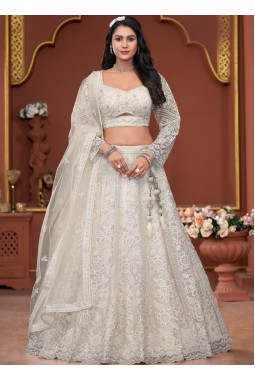 Off White Net Embroidered Wedding Lehenga Choli