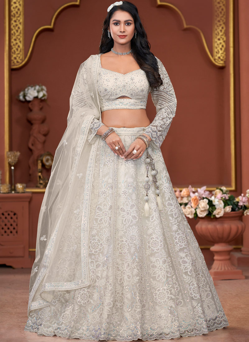 Off White Net Embroidered Wedding Lehenga Choli