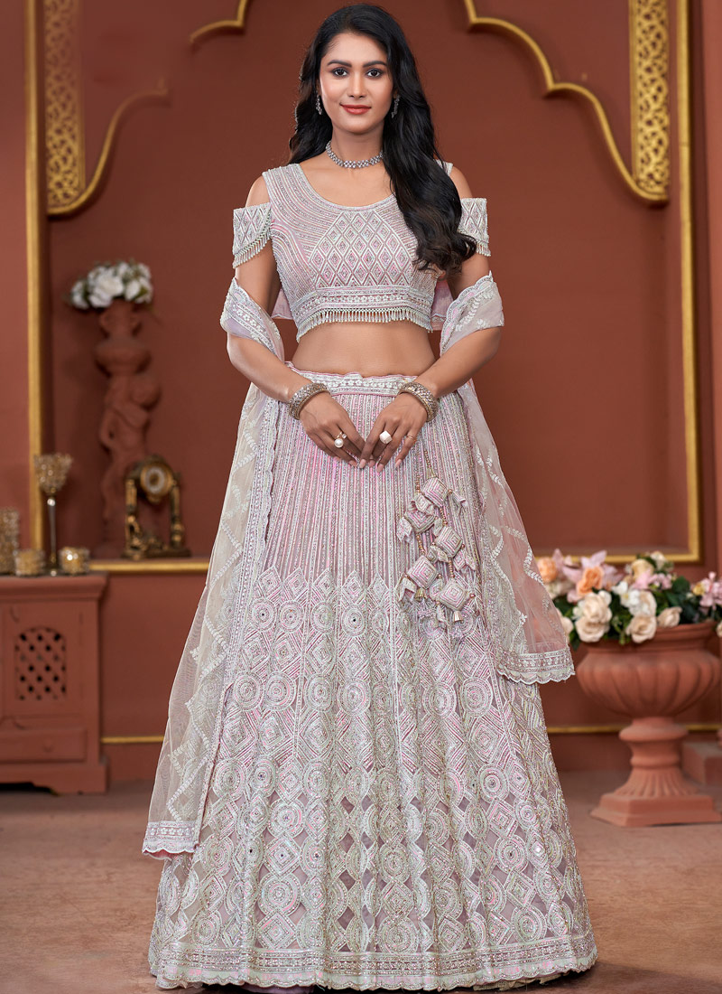 Pink Net Embroidered Wedding Lehenga Choli