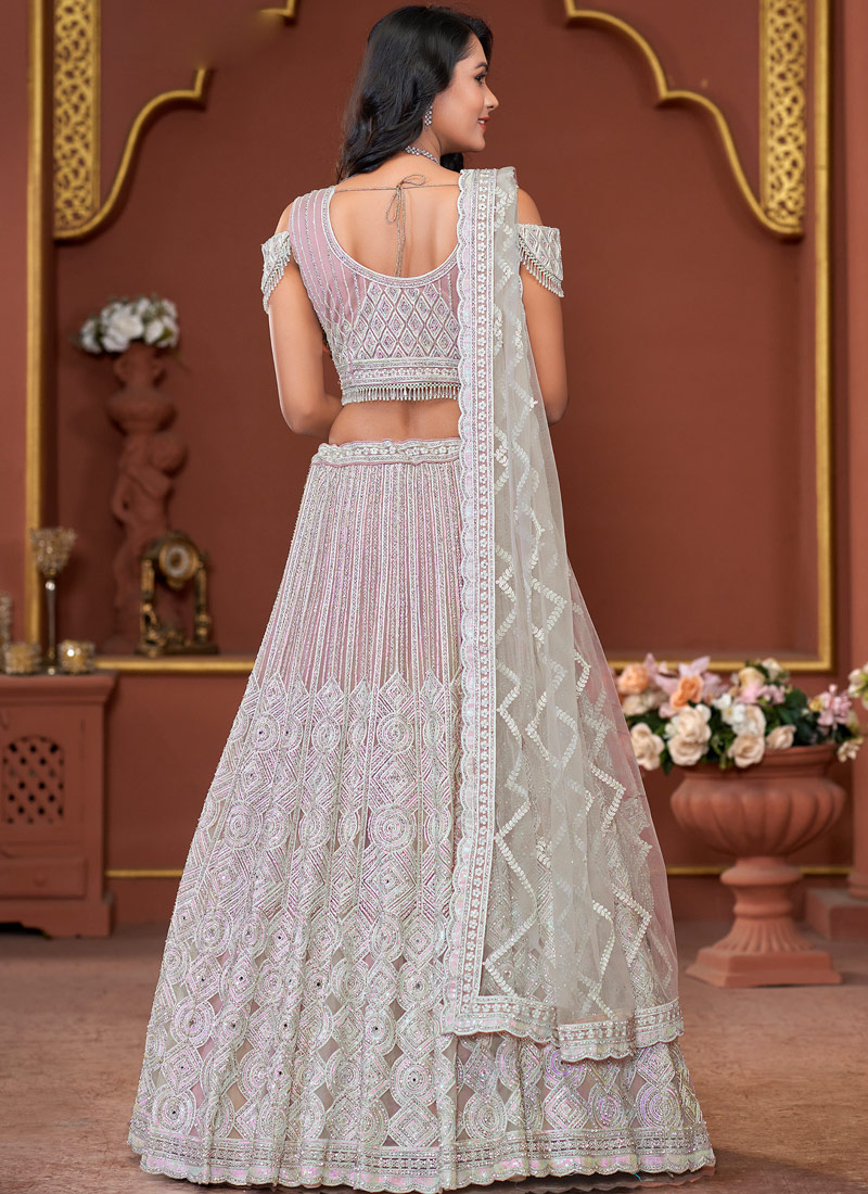 Pink Net Embroidered Wedding Lehenga Choli