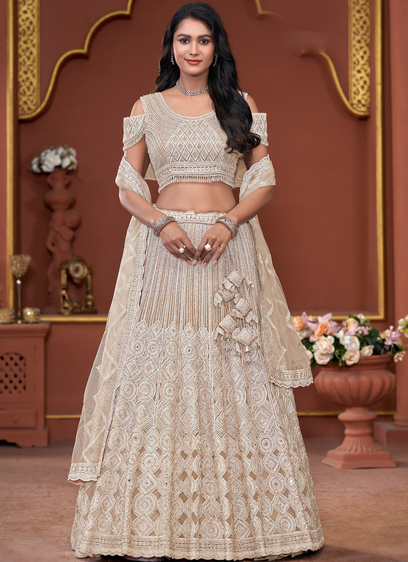 Beige Net Embroidered Wedding Lehenga Choli