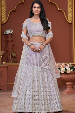 Lavender Net Mirror Embroidered Wedding Lehenga Choli