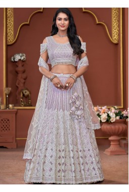 Lavender Net Mirror Embroidered Wedding Lehenga Choli