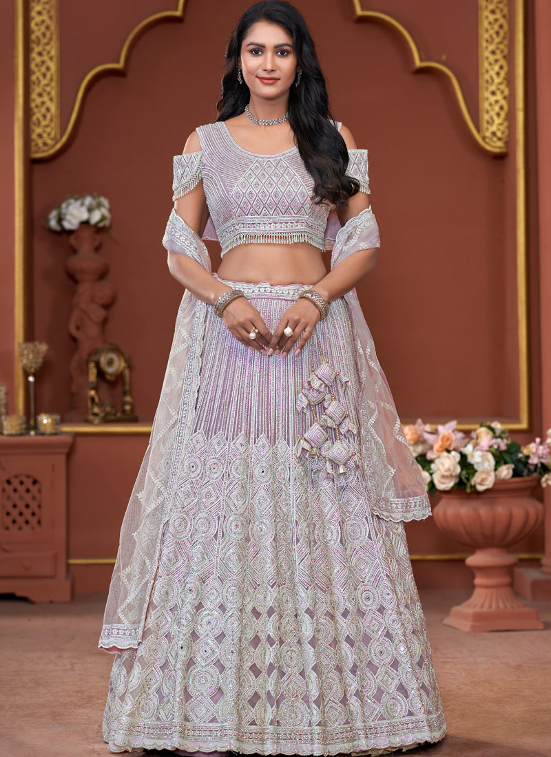 Lavender Net Mirror Embroidered Wedding Lehenga Choli