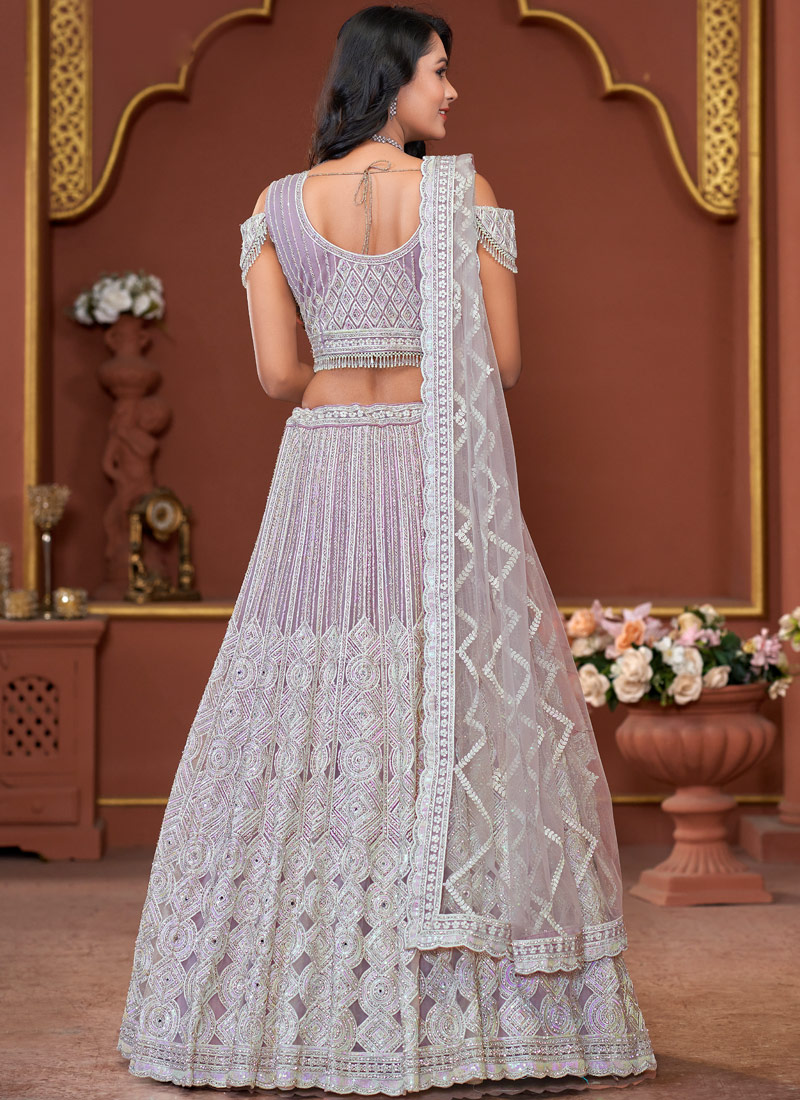 Lavender Net Mirror Embroidered Wedding Lehenga Choli