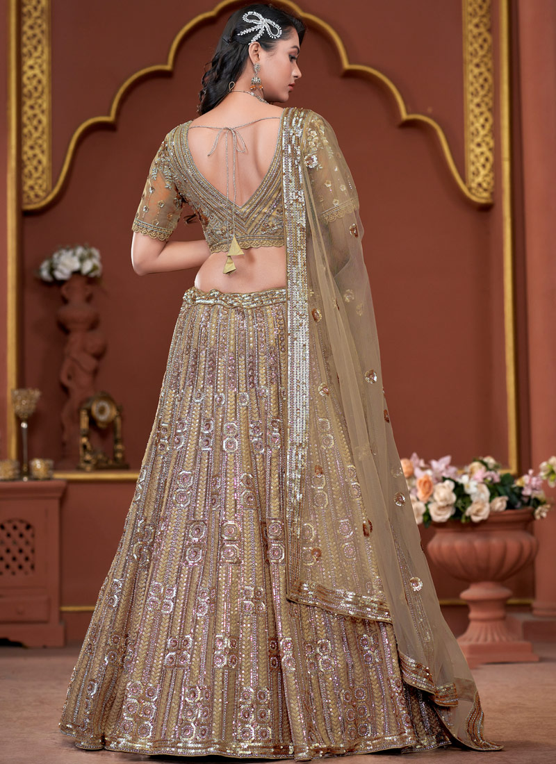 Golden Net Sequins Embroidered Wedding Lehenga Choli